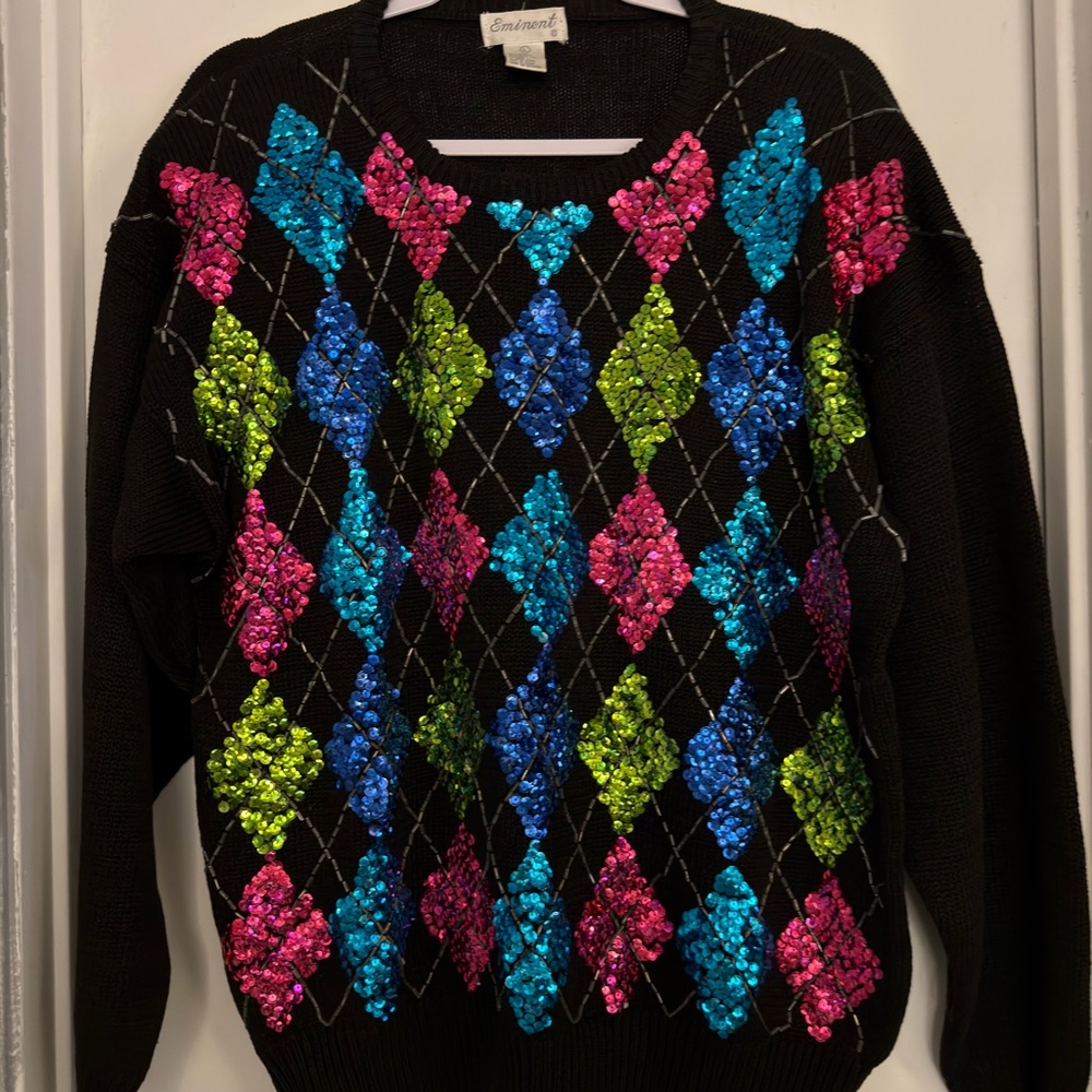 Vintage 80s/90s Sequin Argyle Sweater Maximalist Retro Neon Rave - Picture 2 of 6